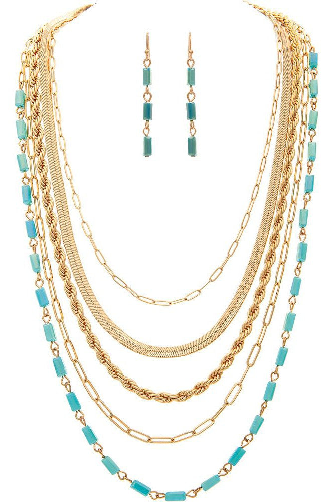 Rain Jewelry Gold Blue Multiple Layered Chain Necklace Set-Necklaces-Rain Jewelry Collection-Deja Nu Boutique, Women's Fashion Boutique in Lampasas, Texas