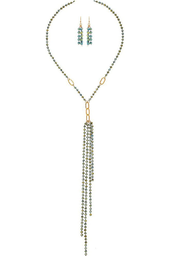 Rain Jewelry Gold Green Glass Sparkle Bead Y Shape Necklace Set-Necklaces-Rain Jewelry Collection-Deja Nu Boutique, Women's Fashion Boutique in Lampasas, Texas
