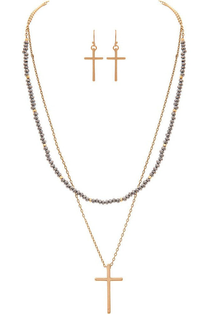Rain Jewelry Gold Grey Bead Layered Cross Necklace Set-Necklaces-Rain Jewelry Collection-Deja Nu Boutique, Women's Fashion Boutique in Lampasas, Texas