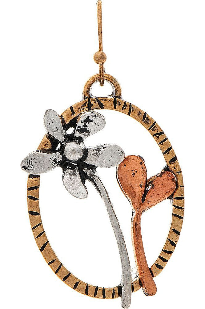 Rain Jewelry Multi Metal Oval Framed Flowers Earring-Earrings-Rain Jewelry Collection-Deja Nu Boutique, Women's Fashion Boutique in Lampasas, Texas