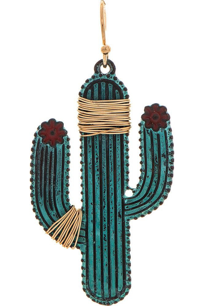 Rain Jewelry Patina Green Saguaro Cactus Wrapped with Gold Wire Earring-Earrings-Rain Jewelry Collection-Deja Nu Boutique, Women's Fashion Boutique in Lampasas, Texas