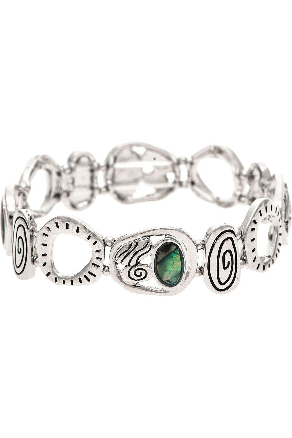 Rain Jewelry Silver Abalone Shell Accented Engraved Shapes Organic Stretch Bracelet-Bracelets-Rain Jewelry Collection-Deja Nu Boutique, Women's Fashion Boutique in Lampasas, Texas