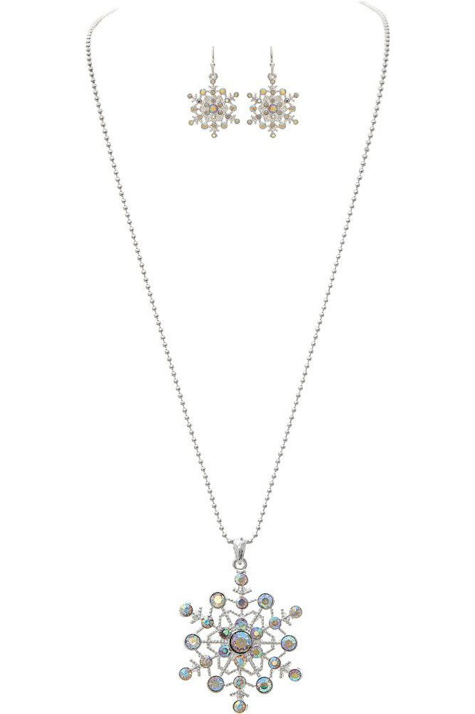 Rain Jewelry Silver Aurora Borealis Crystal Snowflake Necklace Set-Necklaces-Rain Jewelry Collection-Deja Nu Boutique, Women's Fashion Boutique in Lampasas, Texas