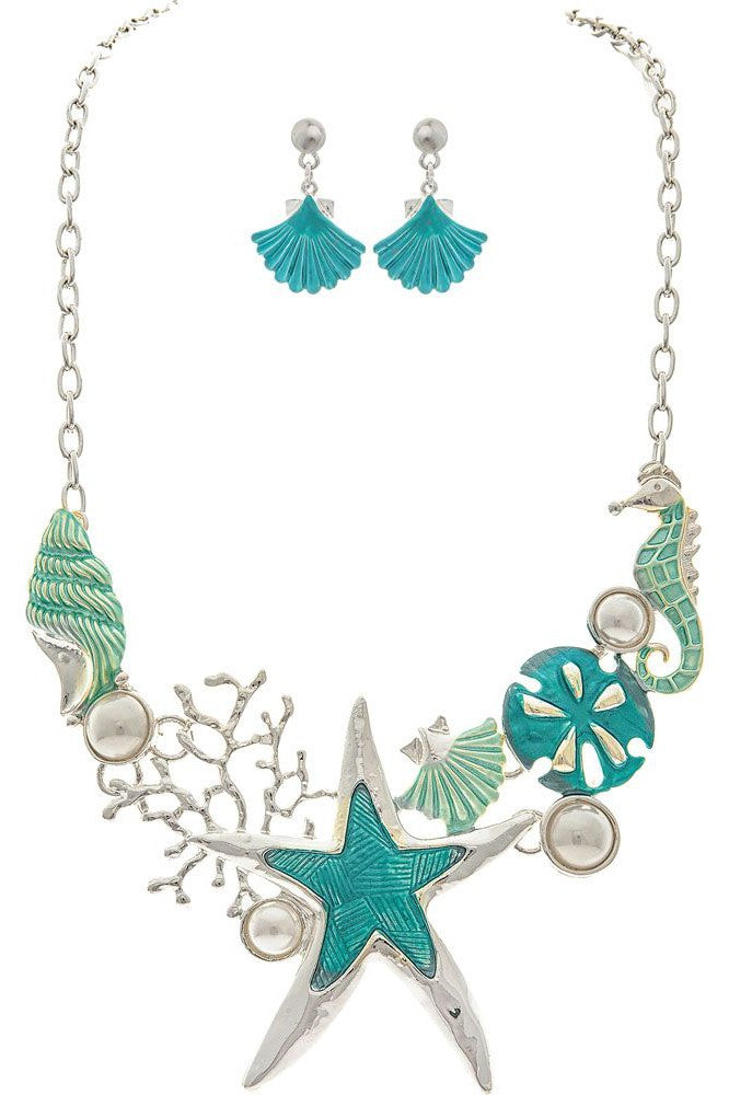 Rain Jewelry Silver Blue Enamel Starfish Bib Necklace Set-Jewelry Sets-Rain Jewelry Collection-Deja Nu Boutique, Women's Fashion Boutique in Lampasas, Texas