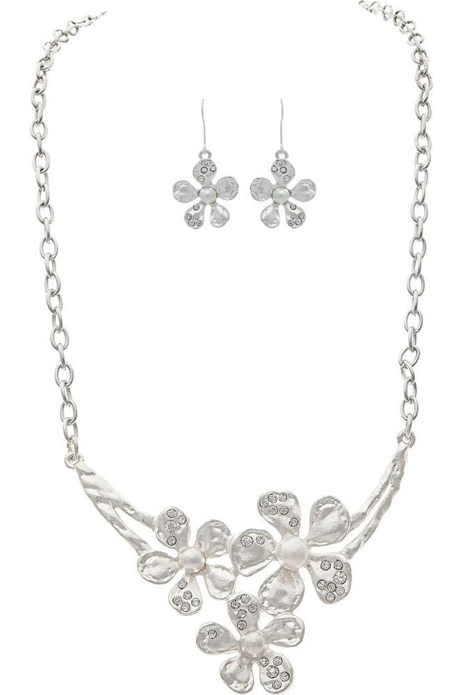 Rain Jewelry Silver Crystal Pearl Flowers Necklace Set-Necklaces-Rain Jewelry Collection-Deja Nu Boutique, Women's Fashion Boutique in Lampasas, Texas