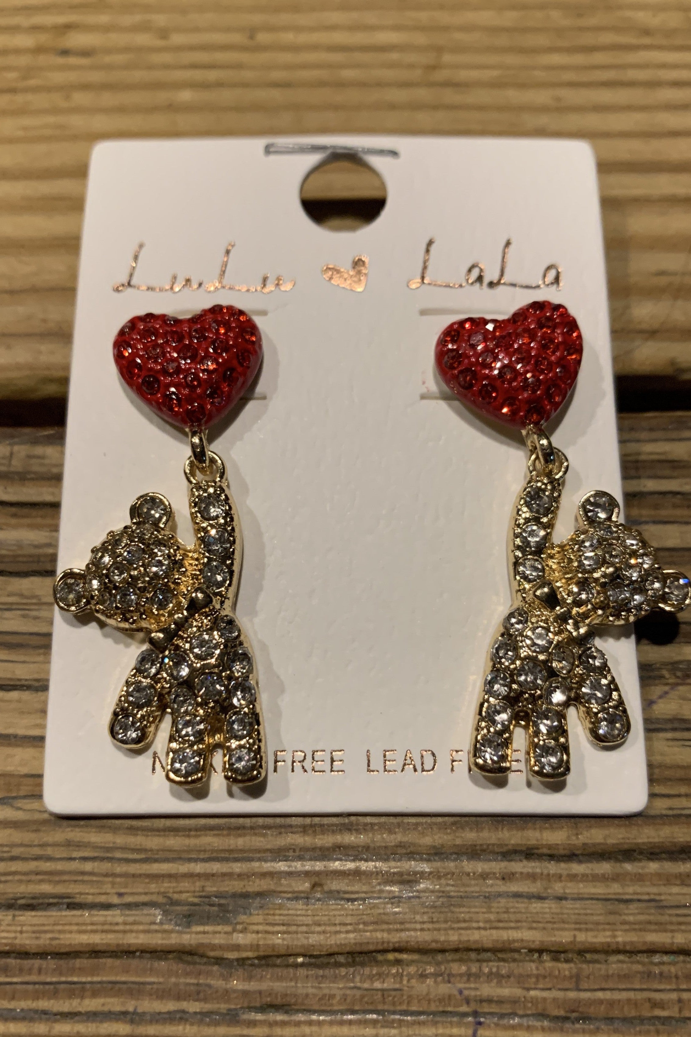 Red Rhinestone Heart Balloon Earring With Gold Rhinestone Bear Dangle-Earrings-Deja Nu Tx-Deja Nu Boutique, Women's Fashion Boutique in Lampasas, Texas