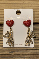 Red Rhinestone Heart Balloon Earring With Gold Rhinestone Bear Dangle-Earrings-Deja Nu Tx-Deja Nu Boutique, Women's Fashion Boutique in Lampasas, Texas