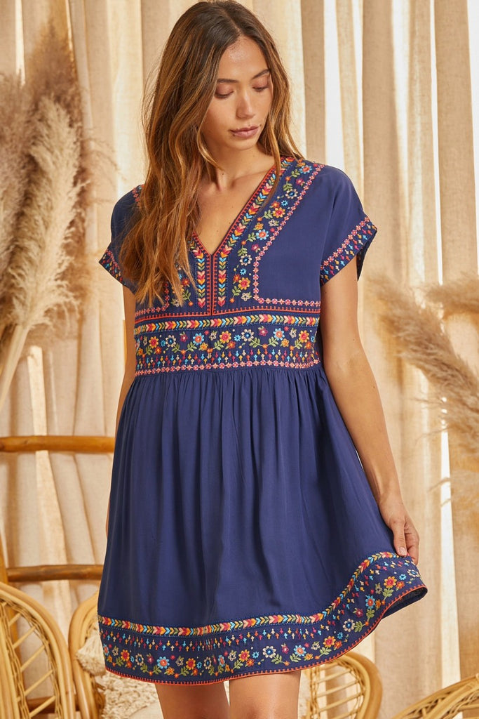 Savanna Jane Baby Doll Dress With Embroidery Detail On Chest And Hemline In Navy-Short Dresses-Savanna Jane-Deja Nu Boutique, Women's Fashion Boutique in Lampasas, Texas