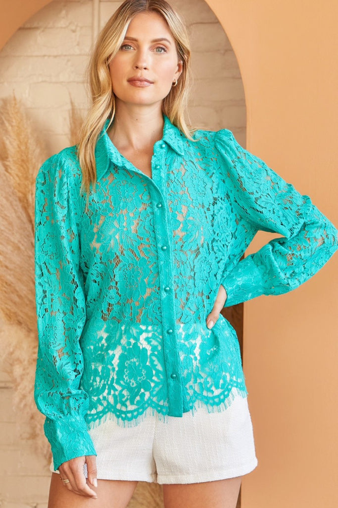 Savanna Jane Andree By Unit Crochet Lace Button Down Shirt In Emerald-Tops-Savanna Jane-Deja Nu Boutique, Women's Fashion Boutique in Lampasas, Texas