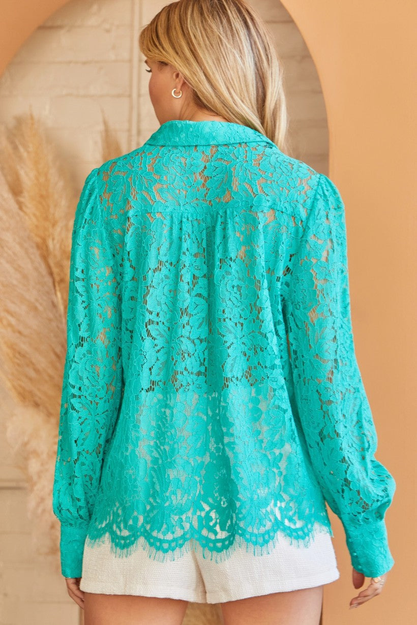 Savanna Jane Andree By Unit Crochet Lace Button Down Shirt In Emerald-Tops-Savanna Jane-Deja Nu Boutique, Women's Fashion Boutique in Lampasas, Texas