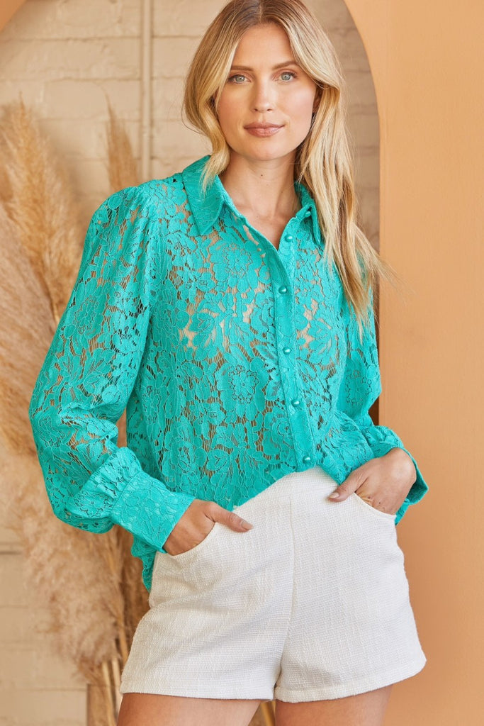 Savanna Jane Andree By Unit Crochet Lace Button Down Shirt In Emerald-Tops-Savanna Jane-Deja Nu Boutique, Women's Fashion Boutique in Lampasas, Texas