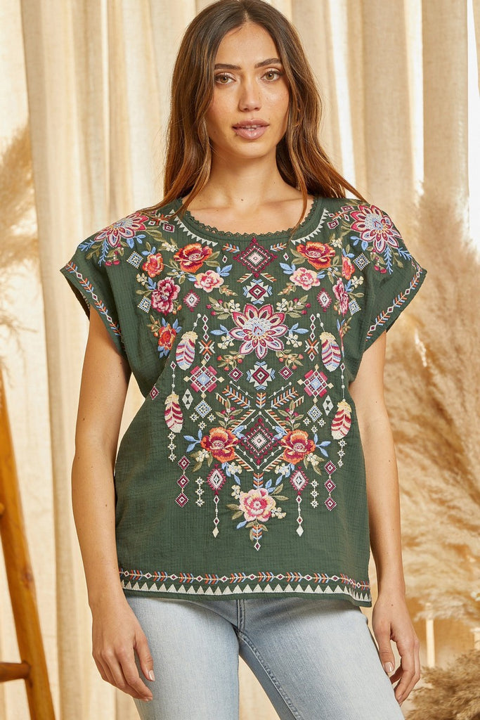 Savanna Jane Floral Olive Embroidered Short Sleeve Top-Short Sleeves-Savanna Jane-Deja Nu Boutique, Women's Fashion Boutique in Lampasas, Texas