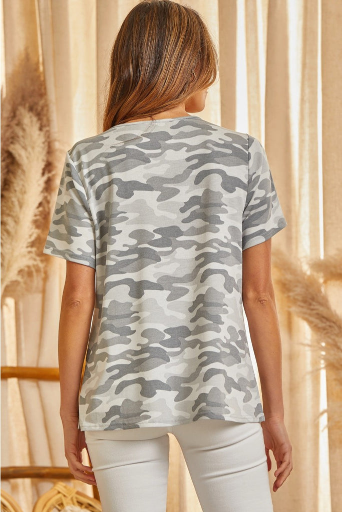 Savanna Jane Grey Camo Print Tee With Geometric And Floral Embroidery On Front-Tops-Savanna Jane-Deja Nu Boutique, Women's Fashion Boutique in Lampasas, Texas