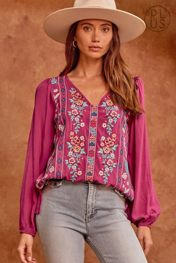 Savanna Jane Magenta Classic Embroidered Top With Long Sleeves Plus-Curvy/Plus Tops-Savanna Jane-Deja Nu Boutique, Women's Fashion Boutique in Lampasas, Texas