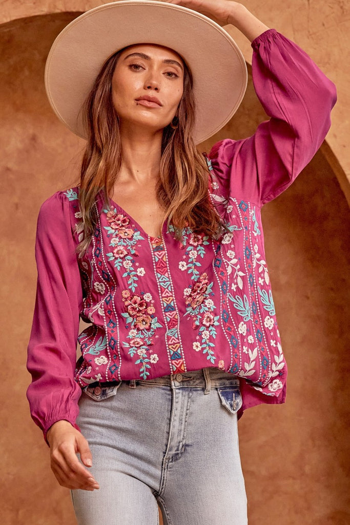 Savanna Jane Magenta Classic Embroidered Top With Long Sleeves-Tops-Savanna Jane-Deja Nu Boutique, Women's Fashion Boutique in Lampasas, Texas
