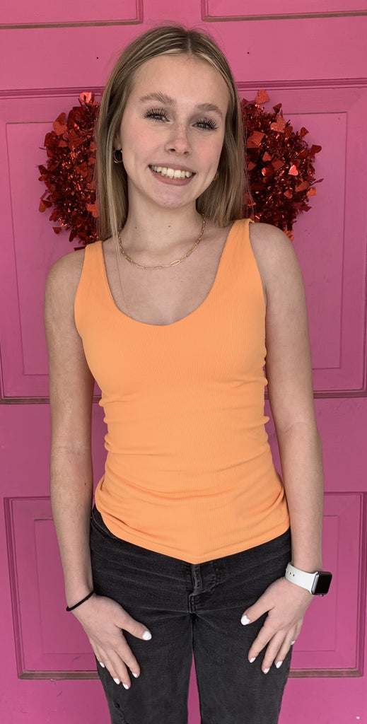 Scala Seamless Double V Neck Tank With Built In Bra In Papaya-Curvy/Plus Camis and Tanks-Scala Seamless-Deja Nu Boutique, Women's Fashion Boutique in Lampasas, Texas