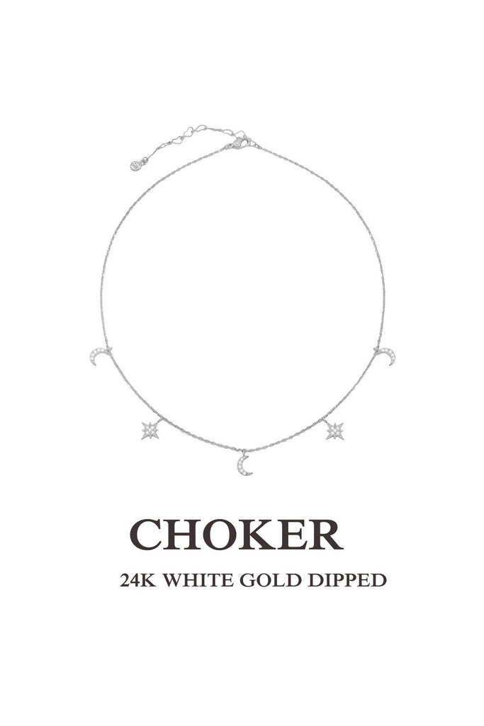 Secret Box 24K White Gold Dipped Crescent Moon With Cubic Zirconia Choker Necklace-Necklaces-Secret Box-Deja Nu Boutique, Women's Fashion Boutique in Lampasas, Texas