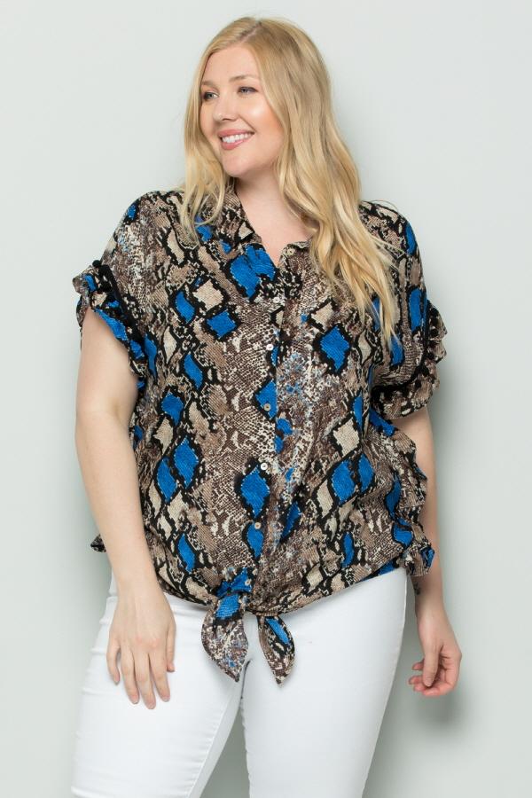 See And Be Seen Blue Snakeskin Button Down Tie Front Plus Blouse-Curvy/Plus Tops-See And Be Seen-Deja Nu Boutique, Women's Fashion Boutique in Lampasas, Texas