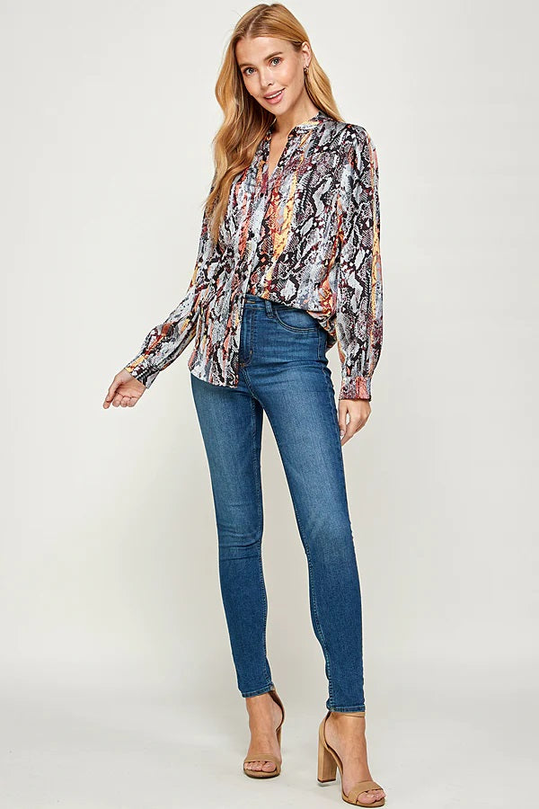 See And Be Seen Blue Snakeskin Multicolored Print Long Sleeve Shirt-Tops-See And Be Seen-Deja Nu Boutique, Women's Fashion Boutique in Lampasas, Texas