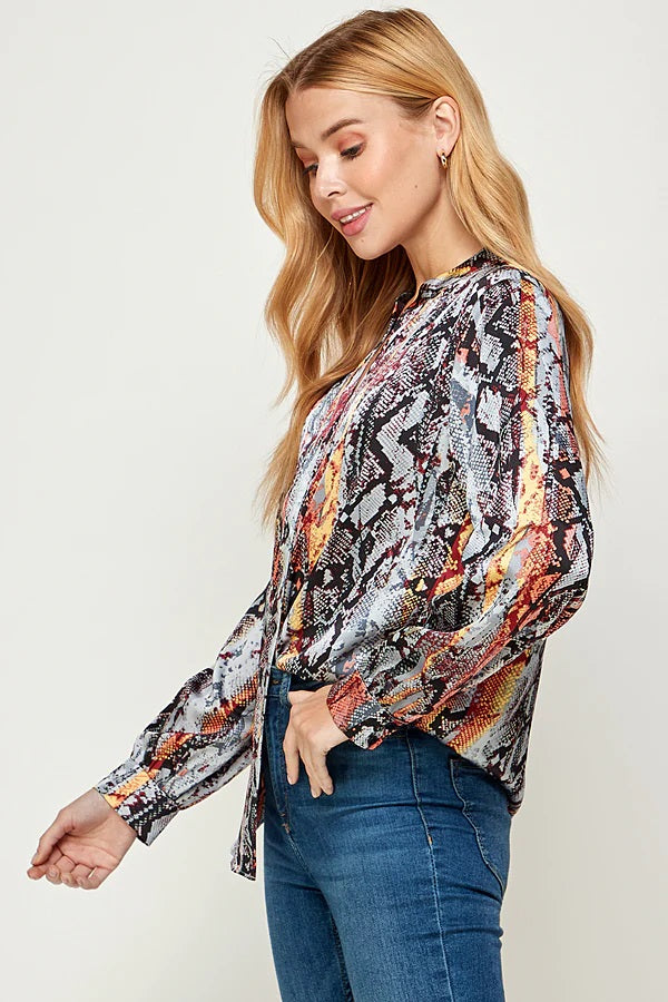 See And Be Seen Blue Snakeskin Multicolored Print Long Sleeve Shirt-Tops-See And Be Seen-Deja Nu Boutique, Women's Fashion Boutique in Lampasas, Texas