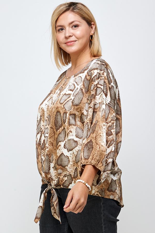 See And Be Seen Brown Animal Print Tie Front Blouse Plus-Curvy/Plus Tops-See And Be Seen-Deja Nu Boutique, Women's Fashion Boutique in Lampasas, Texas