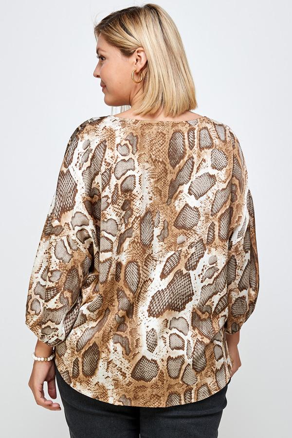 See And Be Seen Brown Animal Print Tie Front Blouse Plus-Curvy/Plus Tops-See And Be Seen-Deja Nu Boutique, Women's Fashion Boutique in Lampasas, Texas