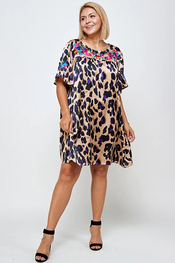 See And Be Seen Floral Embroidery Animal Print Dress In Brown And Purple Plus-Curvy/Plus Short Dresses-See And Be Seen-Deja Nu Boutique, Women's Fashion Boutique in Lampasas, Texas