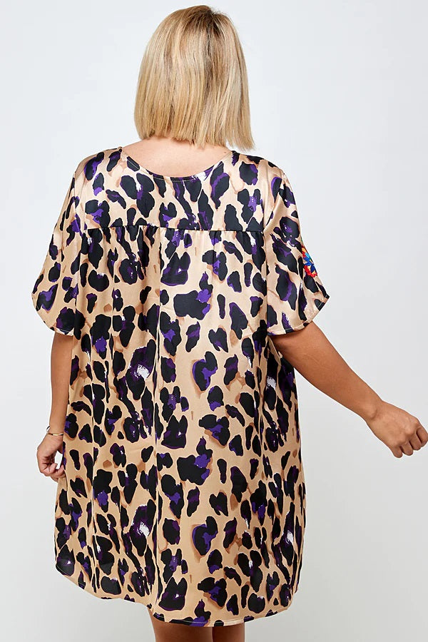 See And Be Seen Floral Embroidery Animal Print Dress In Brown And Purple Plus-Curvy/Plus Short Dresses-See And Be Seen-Deja Nu Boutique, Women's Fashion Boutique in Lampasas, Texas