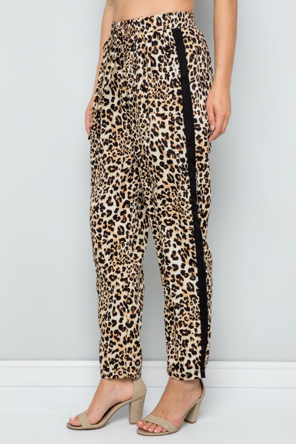 See And Be Seen Leopard Print Straight Leg Pants With Black Side Stripe In Brown-Bottoms-See And Be Seen-Deja Nu Boutique, Women's Fashion Boutique in Lampasas, Texas