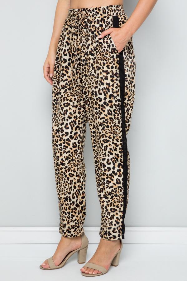 See And Be Seen Leopard Print Straight Leg Pants With Black Side Stripe In Brown-Bottoms-See And Be Seen-Deja Nu Boutique, Women's Fashion Boutique in Lampasas, Texas