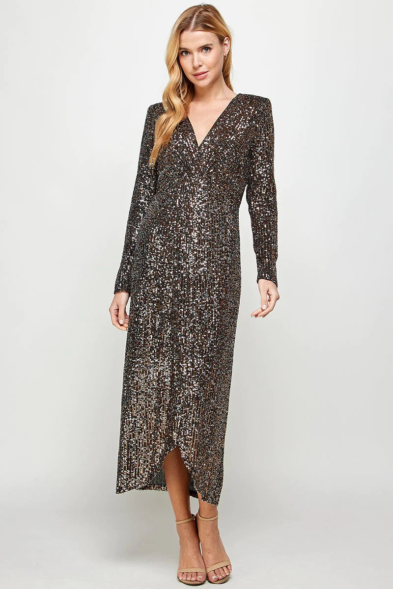 See And Be Seen Long Sleeve Sequin Faux Wrap Dress In Black And Gold-Midi Dresses-See And Be Seen-Deja Nu Boutique, Women's Fashion Boutique in Lampasas, Texas