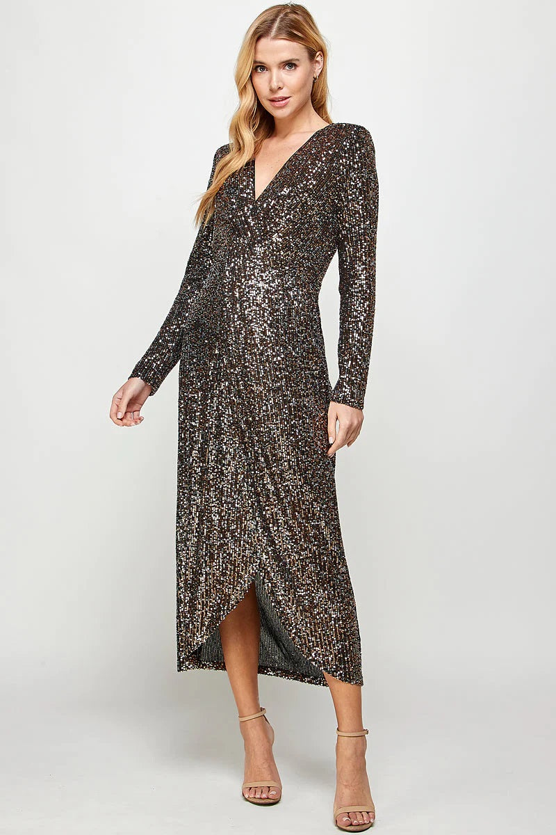 See And Be Seen Long Sleeve Sequin Faux Wrap Dress In Black And Gold-Midi Dresses-See And Be Seen-Deja Nu Boutique, Women's Fashion Boutique in Lampasas, Texas