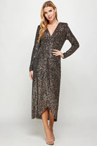 See And Be Seen Long Sleeve Sequin Faux Wrap Dress In Black And Gold-Midi Dresses-See And Be Seen-Deja Nu Boutique, Women's Fashion Boutique in Lampasas, Texas