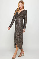 See And Be Seen Long Sleeve Sequin Faux Wrap Dress In Black And Gold-Midi Dresses-See And Be Seen-Deja Nu Boutique, Women's Fashion Boutique in Lampasas, Texas