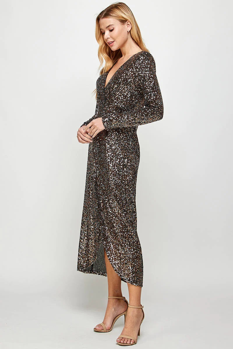 See And Be Seen Long Sleeve Sequin Faux Wrap Dress In Black And Gold-Midi Dresses-See And Be Seen-Deja Nu Boutique, Women's Fashion Boutique in Lampasas, Texas