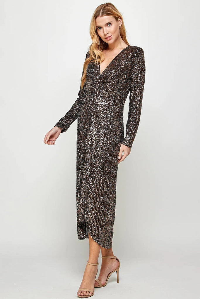 See And Be Seen Long Sleeve Sequin Faux Wrap Dress In Black And Gold-Midi Dresses-See And Be Seen-Deja Nu Boutique, Women's Fashion Boutique in Lampasas, Texas