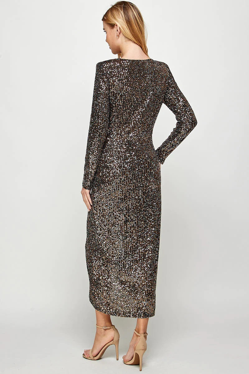 See And Be Seen Long Sleeve Sequin Faux Wrap Dress In Black And Gold-Midi Dresses-See And Be Seen-Deja Nu Boutique, Women's Fashion Boutique in Lampasas, Texas