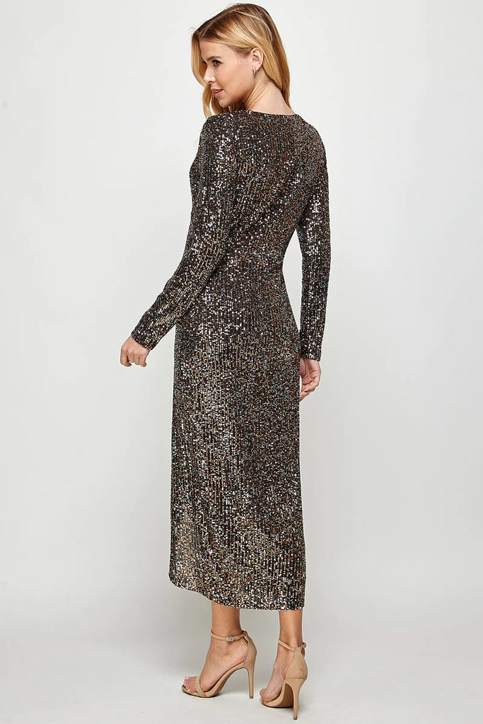 See And Be Seen Long Sleeve Sequin Faux Wrap Dress In Black And Gold-Midi Dresses-See And Be Seen-Deja Nu Boutique, Women's Fashion Boutique in Lampasas, Texas