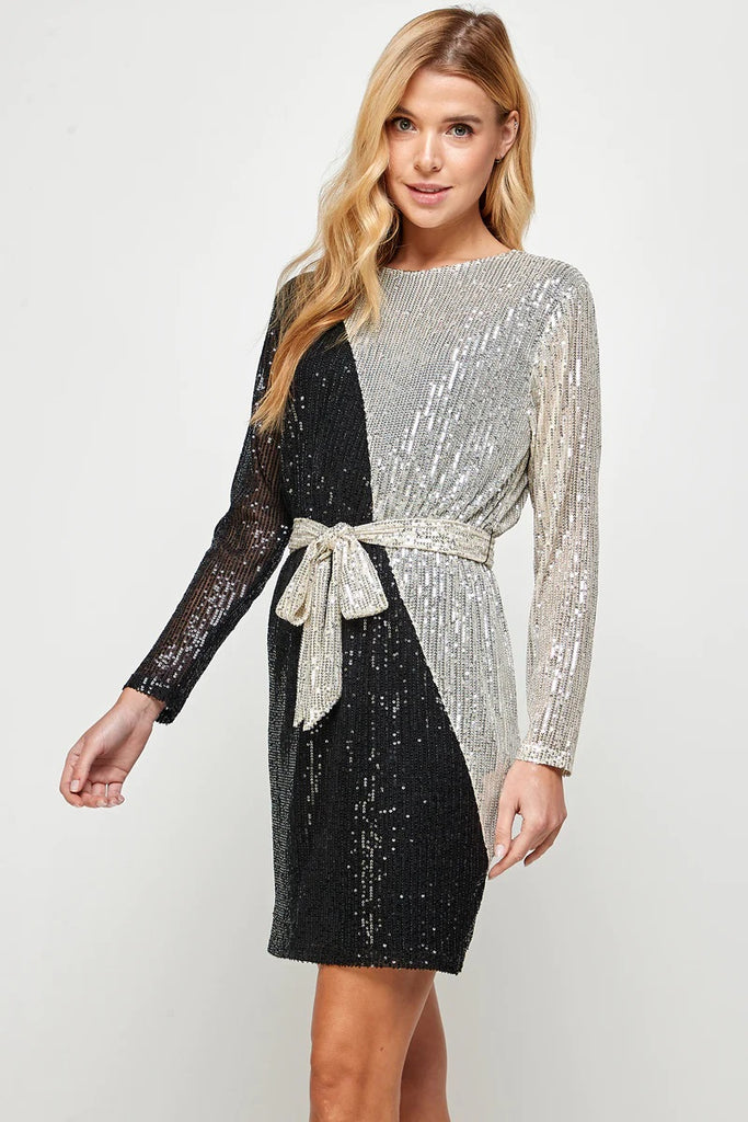 See And Be Seen Sequin Color Blocked Long Sleeve Dress With Sash In Black And Silver-Dresses-See And Be Seen-Deja Nu Boutique, Women's Fashion Boutique in Lampasas, Texas