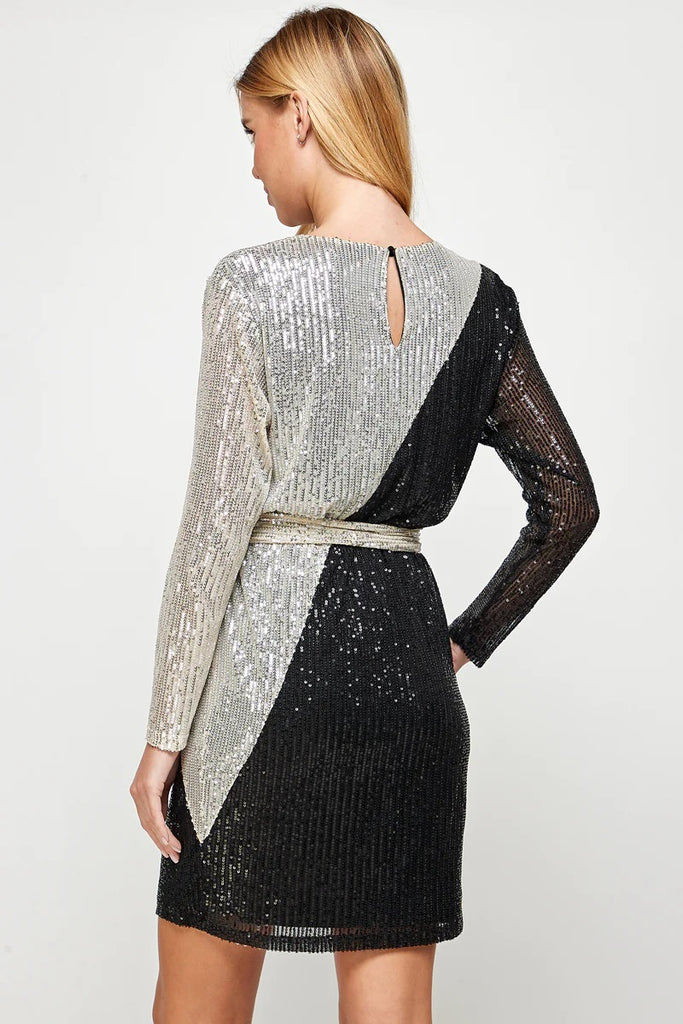 See And Be Seen Sequin Color Blocked Long Sleeve Dress With Sash In Black And Silver-Dresses-See And Be Seen-Deja Nu Boutique, Women's Fashion Boutique in Lampasas, Texas