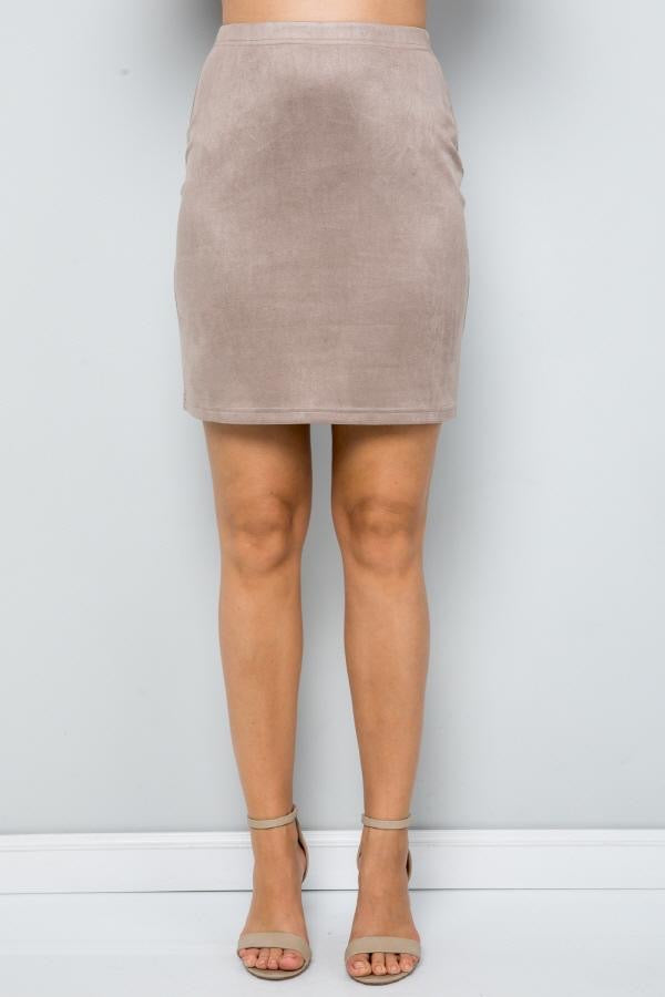 See And Be Seen Taupe Faux Suede Stretch Mini Skirt-Skirts-See And Be Seen-Deja Nu Boutique, Women's Fashion Boutique in Lampasas, Texas