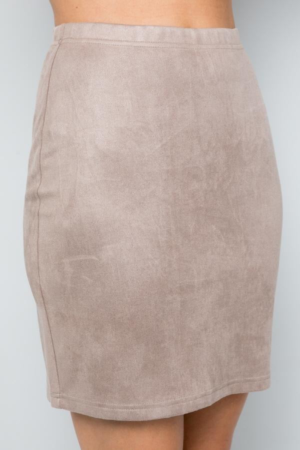 See And Be Seen Taupe Faux Suede Stretch Mini Skirt-Skirts-See And Be Seen-Deja Nu Boutique, Women's Fashion Boutique in Lampasas, Texas