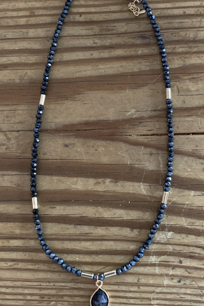 Semi Precious Navy Crystal Beaded Choker With Charm-Necklaces-Deja Nu Tx-Deja Nu Boutique, Women's Fashion Boutique in Lampasas, Texas