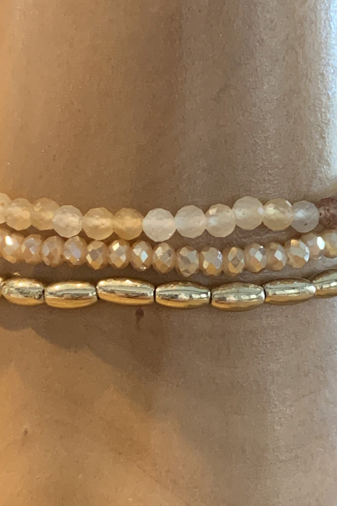 Semi Precious Three Strand Stretch Crystal And Gold Bracelet Set-Bracelets-Deja Nu Tx-Deja Nu Boutique, Women's Fashion Boutique in Lampasas, Texas