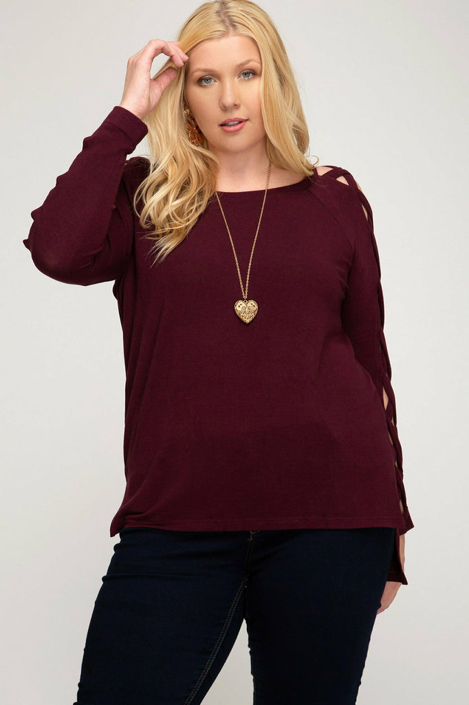 She And Sky Burgundy Lattice Strap Sleeve Plus Sweater-Curvy/Plus Tops-She And Sky-Deja Nu Boutique, Women's Fashion Boutique in Lampasas, Texas