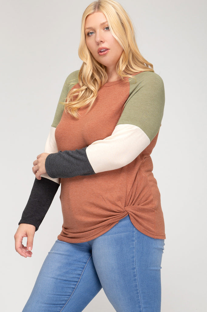 She And Sky Cinnamon Color Block Front Twist Plus Top-Curvy/Plus Tops-She And Sky-Deja Nu Boutique, Women's Fashion Boutique in Lampasas, Texas