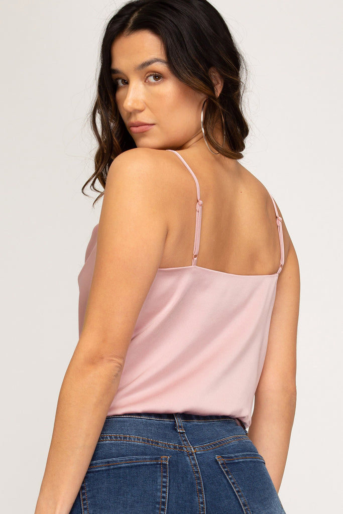 She And Sky Cowl Neck Cami Bodysuit In Rose Pink-Tops-She And Sky-Deja Nu Boutique, Women's Fashion Boutique in Lampasas, Texas