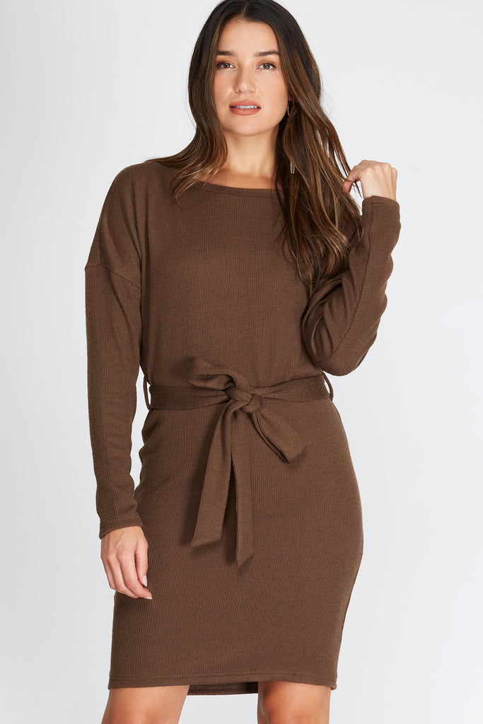 She And Sky Dolman Long Sleeve Boatneck Sweater Dress In Mocha-Dresses-She And Sky-Deja Nu Boutique, Women's Fashion Boutique in Lampasas, Texas
