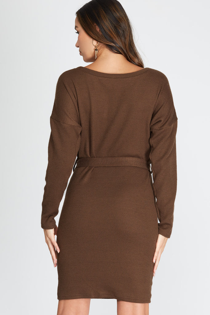 She And Sky Dolman Long Sleeve Boatneck Sweater Dress In Mocha-Dresses-She And Sky-Deja Nu Boutique, Women's Fashion Boutique in Lampasas, Texas