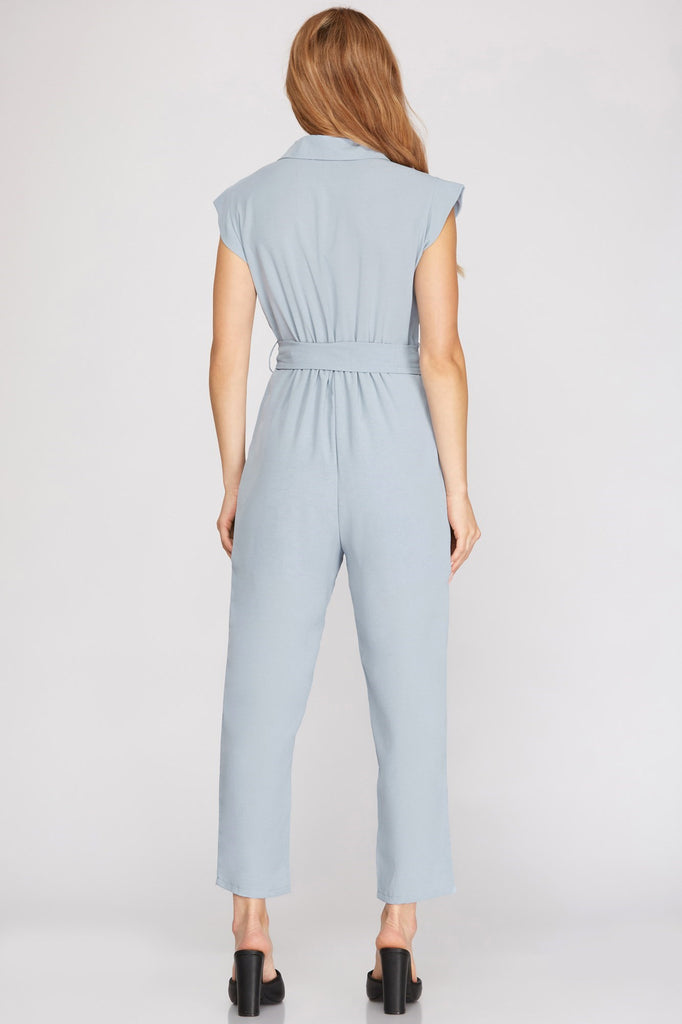 She And Sky Dolman Sleeve Flap Pocket Belted Jumpsuit In Light Blue-Rompers & Jumpsuits-She And Sky-Deja Nu Boutique, Women's Fashion Boutique in Lampasas, Texas